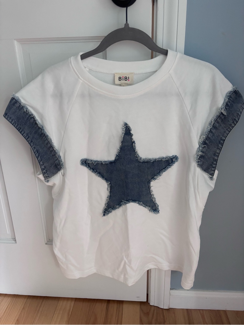 BiBi White Short-Sleeve Tee with Frayed Denim Star
